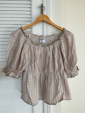 Old Navy Beige Plaid Smocked Babydoll Blouse